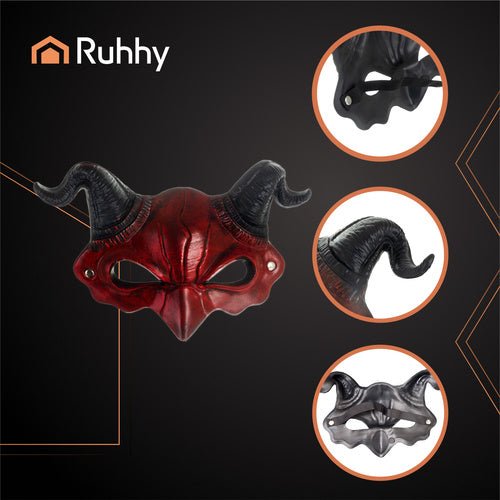 Dämonenmaske mit Hörnern für Halloween und Cosplay – Rot Schwarz, 3D - Optik - Easy2sell - Deluxe