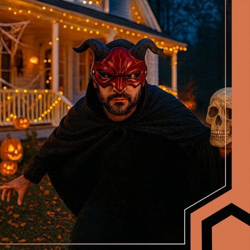 Dämonenmaske mit Hörnern für Halloween und Cosplay – Rot Schwarz, 3D - Optik - Easy2sell - Deluxe