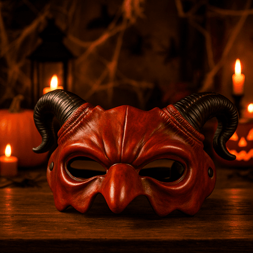 Dämonenmaske mit Hörnern für Halloween und Cosplay – Rot Schwarz, 3D - Optik - Easy2sell - Deluxe