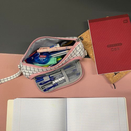 Doppel - Federmäppchen mit Erweiterung für optimale Organisation, weiß karierte - Easy2sell - Deluxe