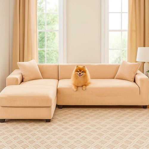 Ecksofa Bezug Samt Elastisch – Sofabezug Beige 190 - 230 cm inkl. Kissenbezug - Easy2sell - Deluxe