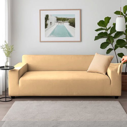 Ecksofa Bezug Samt Elastisch – Sofabezug Beige 190 - 230 cm inkl. Kissenbezug - Easy2sell - Deluxe