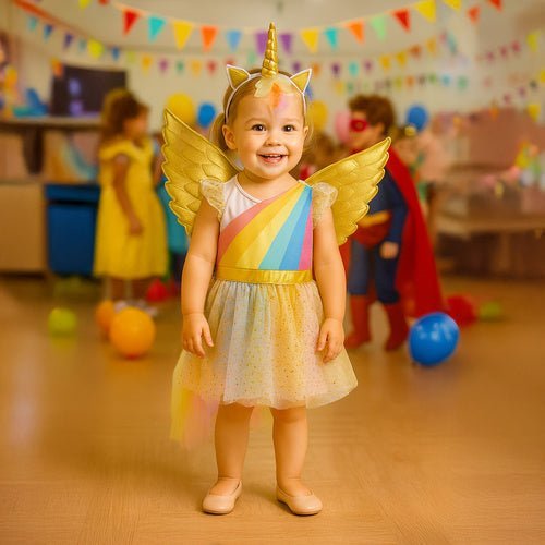 Einhorn Kostüm für Kinder 3 - teilig mit Kleid Flügel Stirnband 110 - 116 cm - Easy2sell - Deluxe