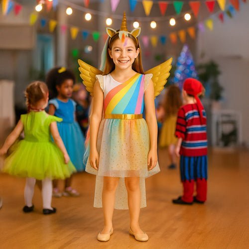 Einhornkostüm für Kinder 3 - teilig – Kleid Flügel Haarreif Mehrfarbig 122 - 128 - Easy2sell - Deluxe