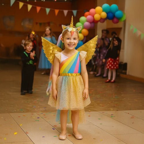 Einhornkostüm für Kinder – 3 - teiliges Set mit Kleid und Flügeln, 122 - 128 cm - Easy2sell - Deluxe