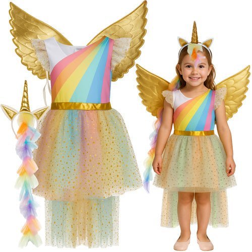Einhornkostüm für Kinder – 3 - teiliges Set mit Kleid und Flügeln, 122 - 128 cm - Easy2sell - Deluxe