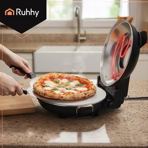 Elektrischer Pizzaofen 420°C mit Pizzastein 1200W Mini - Backofen Schwarz - Easy2sell - Deluxe