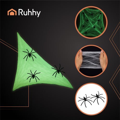 Fluoreszierendes Spinnennetz mit 20 Spinnen – Halloween Deko Set Schwarz - Easy2sell - Deluxe