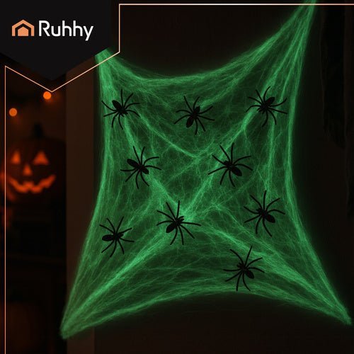 Fluoreszierendes Spinnennetz mit 20 Spinnen – Halloween Deko Set Schwarz - Easy2sell - Deluxe