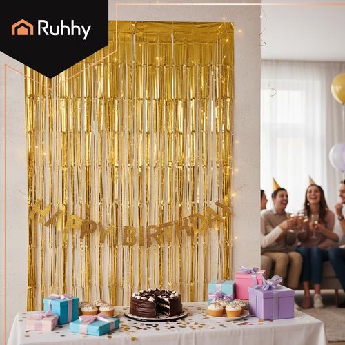 Fransenvorhang Gold 2er Set – Party Vorhang Selbstklebend 100x200cm - Easy2sell - Deluxe