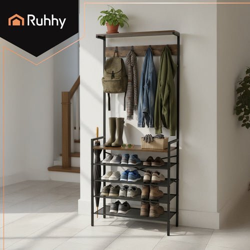 Garderobenständer mit 4 Schuhablagen und 5 Haken Metall Schwarz 183cm - Easy2sell - Deluxe