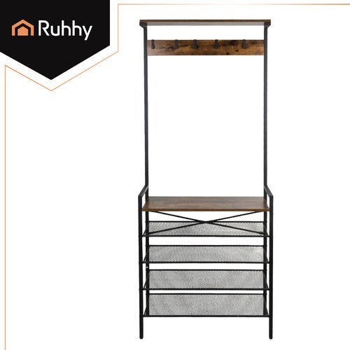 Garderobenständer mit 4 Schuhablagen und 5 Haken Metall Schwarz 183cm - Easy2sell - Deluxe