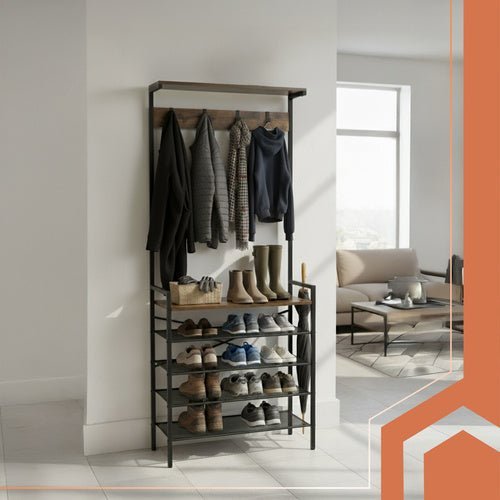 Garderobenständer mit 4 Schuhablagen und 5 Haken Metall Schwarz 183cm - Easy2sell - Deluxe