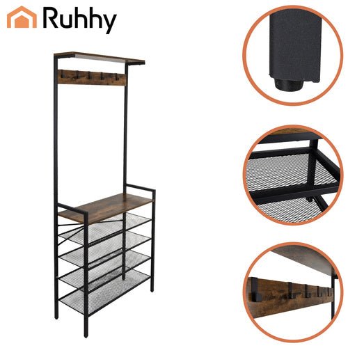 Garderobenständer mit 4 Schuhablagen und 5 Haken Metall Schwarz 183cm - Easy2sell - Deluxe