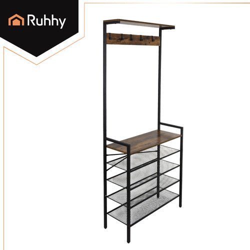 Garderobenständer mit 4 Schuhablagen und 5 Haken Metall Schwarz 183cm - Easy2sell - Deluxe