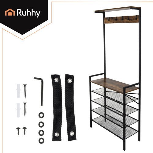 Garderobenständer mit 4 Schuhablagen und 5 Haken Metall Schwarz 183cm - Easy2sell - Deluxe