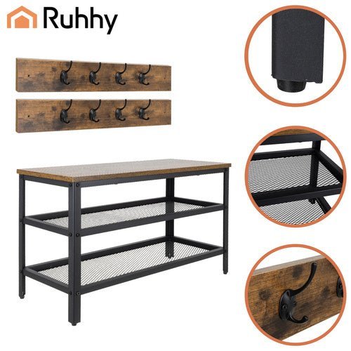 Garderobenständer mit Sitzbank und Schuhregal – Metall & Holz, Braun - Easy2sell - Deluxe