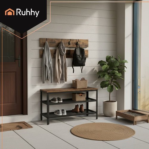 Garderobenständer mit Sitzbank und Schuhregal – Metall & Holz, Braun - Easy2sell - Deluxe