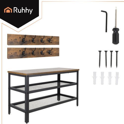Garderobenständer mit Sitzbank und Schuhregal – Metall & Holz, Braun - Easy2sell - Deluxe