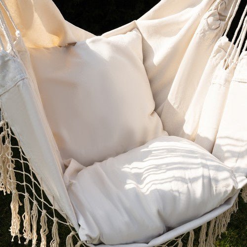 Hängesessel mit 2 Kissen und Holzquerstange – Beige Baumwolle 120kg - Easy2sell - Deluxe