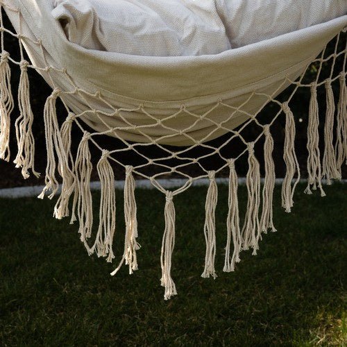 Hängesessel mit 2 Kissen und Holzquerstange – Beige Baumwolle 120kg - Easy2sell - Deluxe