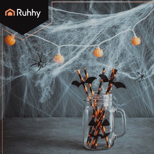 Halloween Spinnennetz mit 2 Spinnen – Weißes Deko - Set Dehnbar bis 2,5m2 - Easy2sell - Deluxe