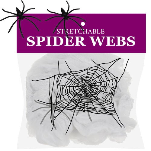 Halloween Spinnennetz mit 2 Spinnen – Weißes Deko - Set Dehnbar bis 2,5m2 - Easy2sell - Deluxe