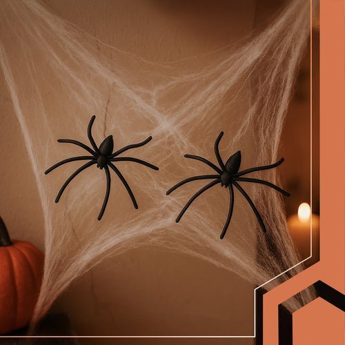 Halloween Spinnennetz mit 2 Spinnen – Weißes Deko - Set Dehnbar bis 2,5m2 - Easy2sell - Deluxe