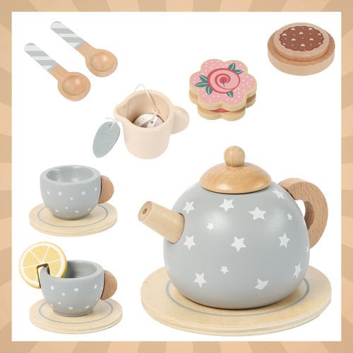 Holz - Teeservice für Kinder – 14 - teiliges Spielset aus Holz in Grau - Easy2sell - Deluxe