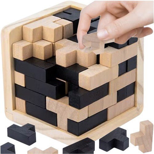 Holzstapelwürfel Puzzle – 3D Logikspiel aus Holz mit 52 T - Blöcken - Easy2sell - Deluxe