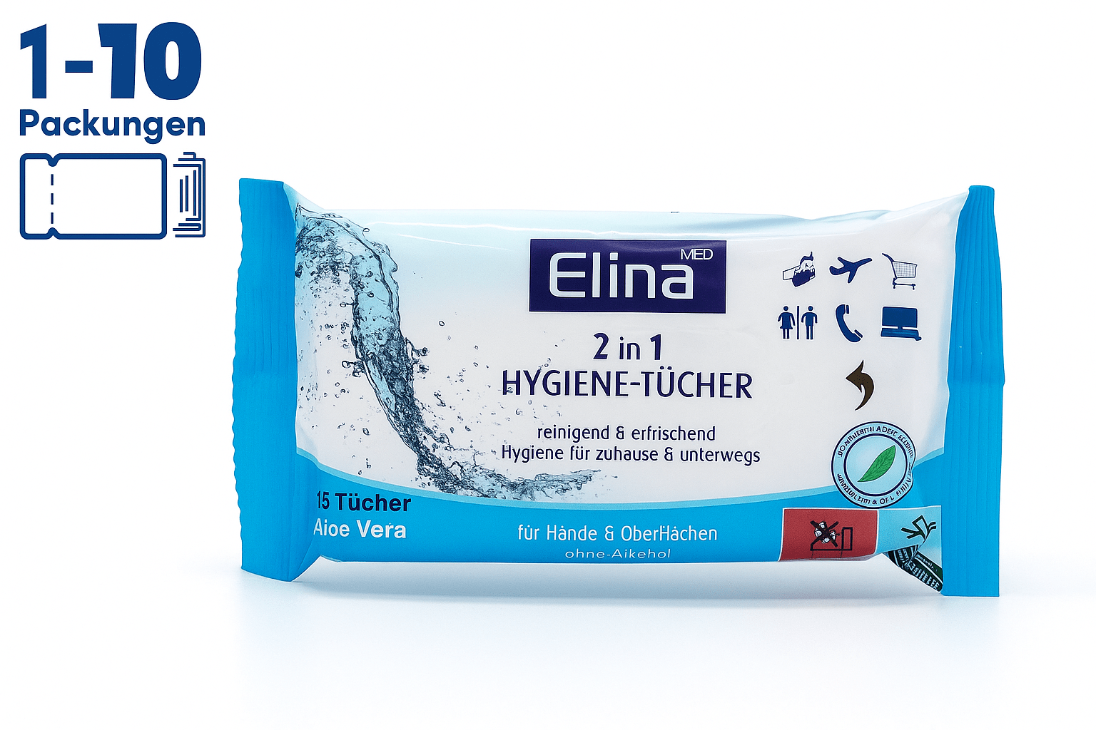 Hygiene Tücher Elina 2in1 15 Stück Feuchttücher für Hände & Flächen - 20x12cm - Easy2sell - Deluxe