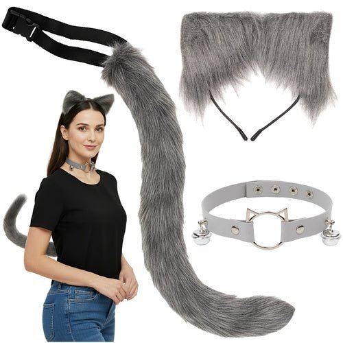 Katzenkostüm Fuchs Set – 3 - teiliges Verkleidungsset für Kinder, Grau - Easy2sell - Deluxe