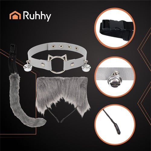 Katzenkostüm Fuchs Set – 3 - teiliges Verkleidungsset für Kinder, Grau - Easy2sell - Deluxe