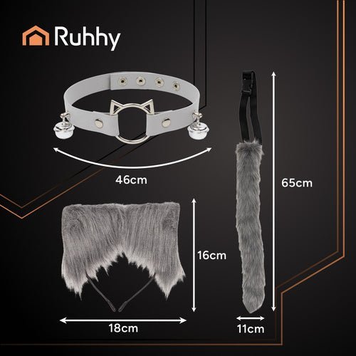 Katzenkostüm Fuchs Set – 3 - teiliges Verkleidungsset für Kinder, Grau - Easy2sell - Deluxe