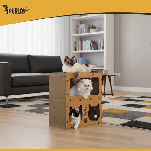 Katzenkratzbaum 2 - stöckig mit Haus und Spielzeug – Wellpappe & HDF, Braun - Easy2sell - Deluxe
