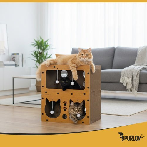 Katzenkratzbaum 2 - stöckig mit Haus und Spielzeug – Wellpappe & HDF, Braun - Easy2sell - Deluxe