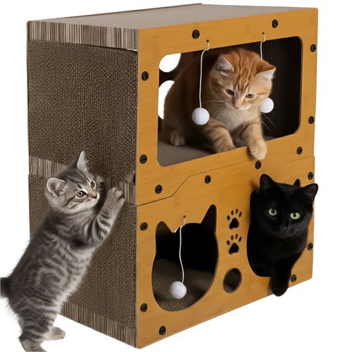 Katzenkratzbaum 2 - stöckig mit Haus und Spielzeug – Wellpappe & HDF, Braun - Easy2sell - Deluxe