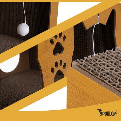 Katzenkratzbaum 2 - stöckig mit Haus und Spielzeug – Wellpappe & HDF, Braun - Easy2sell - Deluxe