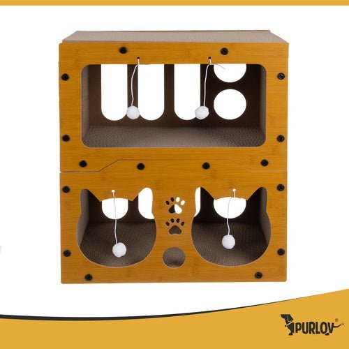 Katzenkratzbaum 2 - stöckig mit Haus und Spielzeug – Wellpappe & HDF, Braun - Easy2sell - Deluxe