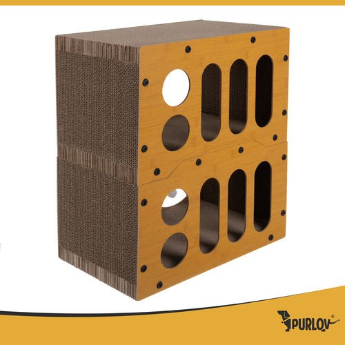 Katzenkratzbaum 2 - stöckig mit Haus und Spielzeug – Wellpappe & HDF, Braun - Easy2sell - Deluxe