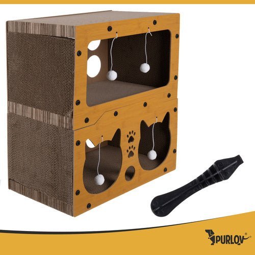 Katzenkratzbaum 2 - stöckig mit Haus und Spielzeug – Wellpappe & HDF, Braun - Easy2sell - Deluxe