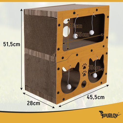 Katzenkratzbaum 2 - stöckig mit Haus und Spielzeug – Wellpappe & HDF, Braun - Easy2sell - Deluxe
