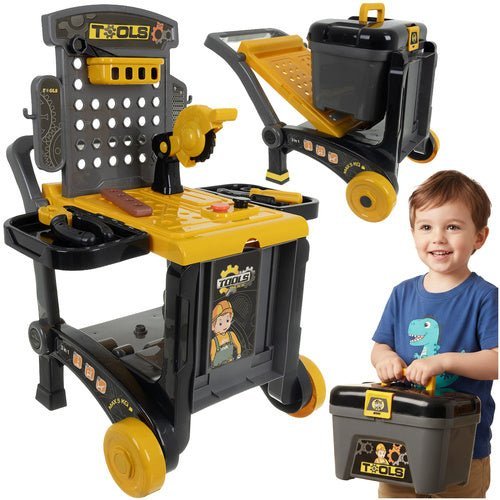Kinder Spielzeugwerkstatt 3 - in - 1 – Mobiler Werkzeugwagen mit 59 Teilen - Easy2sell - Deluxe