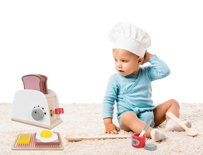 Kinder Toaster Set aus Holz – 8 - teiliges Frühstücksset Spielzeug Mehrfarbig - Easy2sell - Deluxe