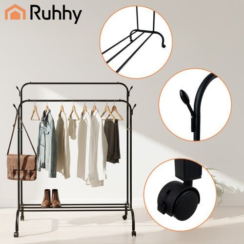 Kleiderständer mit Rollen – Doppelstange Garderobe mit Schuhablage, Schwarz - Easy2sell - Deluxe