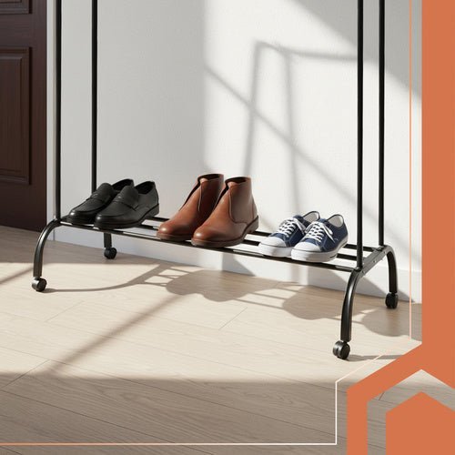 Kleiderständer mit Rollen – Doppelstange Garderobe mit Schuhablage, Schwarz - Easy2sell - Deluxe