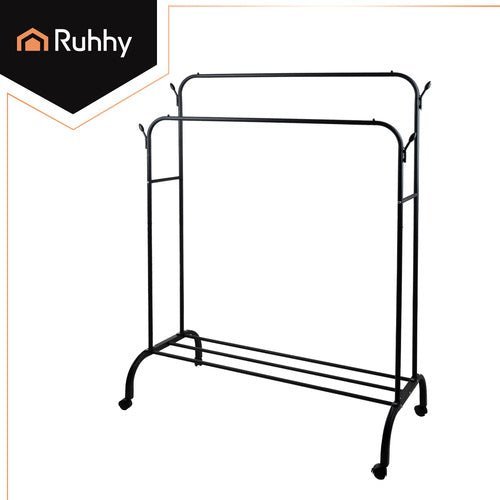Kleiderständer mit Rollen – Doppelstange Garderobe mit Schuhablage, Schwarz - Easy2sell - Deluxe