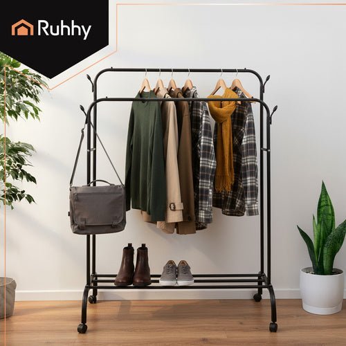 Kleiderständer mit Rollen – Doppelstange Garderobe mit Schuhablage, Schwarz - Easy2sell - Deluxe