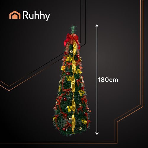 Künstlicher Weihnachtsbaum 180 cm – Faltbar mit Deko in Rot und Gold - Easy2sell - Deluxe