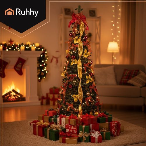 Künstlicher Weihnachtsbaum 180 cm – Faltbar mit Deko in Rot und Gold - Easy2sell - Deluxe